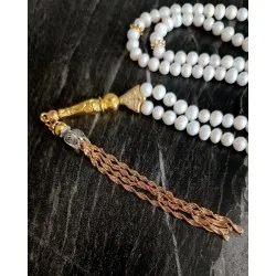 Doğal İnci Tesbih 99’lu – Gold İmame ve Püsküllü Zarif İnci Tesbih