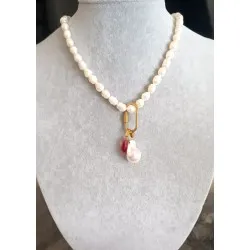 İnci Kolye – 8 mm Arpa Tatlı Su İncili Çelik Klipsli Charm Takılabilir Kolye( 40 cm )