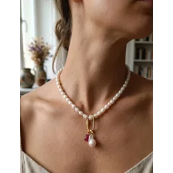 İnci Kolye – 8 mm Arpa Tatlı Su İncili Çelik Klipsli Charm Takılabilir Kolye( 40 cm )