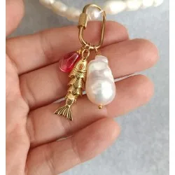 Charm Seti – Çelik Vidalı Kilit Nar Tanesi Barok İnci ve Balık Charm Kolye Ucu Seti