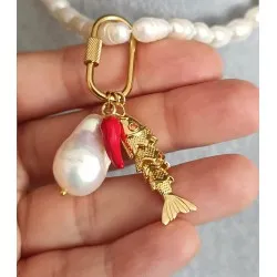 Charm Seti – Çelik Vidalı Kilit Acı Biber Barok İnci ve Balık Charm Kolye Ucu Seti