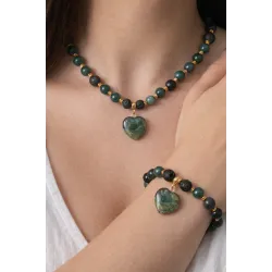 Yosunlu Akik ve Lav Taşı Doğal Taşlı Kolye Bileklik Seti, Kalp Kolye Ucu ve Sallantılı Bileklik, Gold Hematit Detaylı El Yapımı Takı