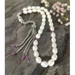  Arpa İnci ve Yakut Taşlı 33’lü Tesbih – Yakut Püsküllü El Yapımı Doğal Taş Tesbih